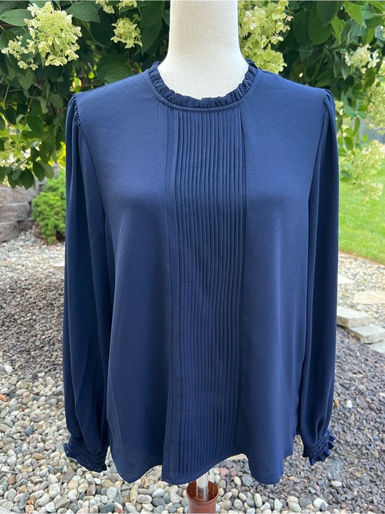 CeCe Tops - CeCe Dark Navy Pintuck Ruffle-Neck Long Sleeve Blouse
